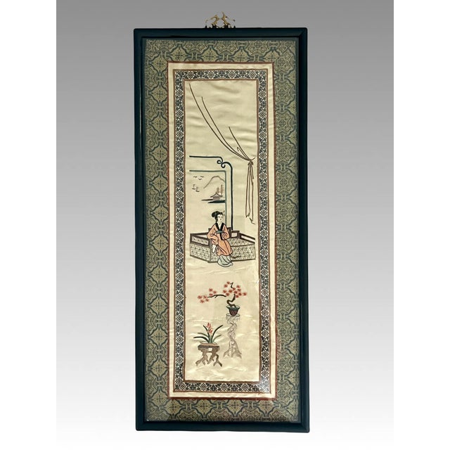 MId Century Chinese Hand Embroidered Silk on Gold Silk Figural & Landscaped Framed Wall Hangings / Panels, a Pair For Sale - Image 4 of 8