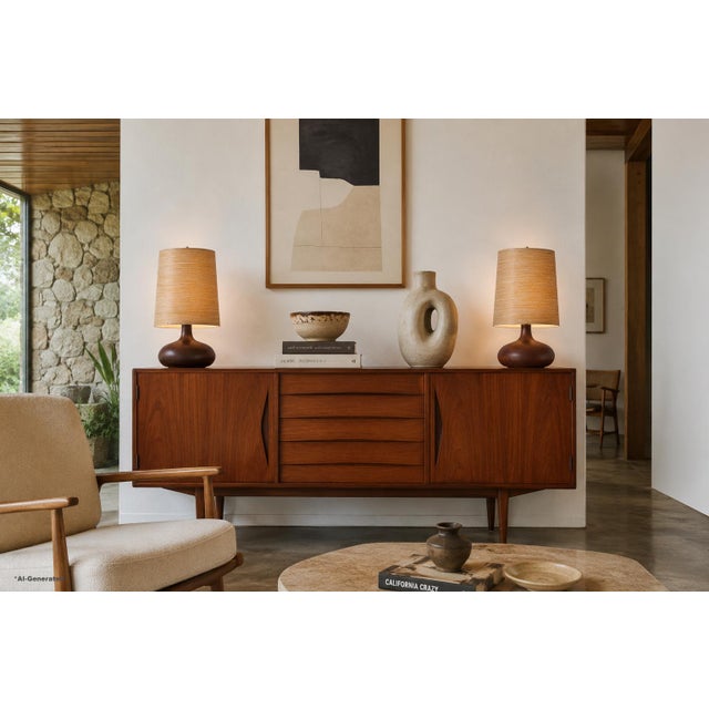 Dating back to the 1960s, this pair of mid-century modern ceramic table lamps by Lotte and Gunnar Bostlund exemplifies the...