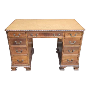 1960s Solid Mahogany Pedestal Desk With Tan Leather Top