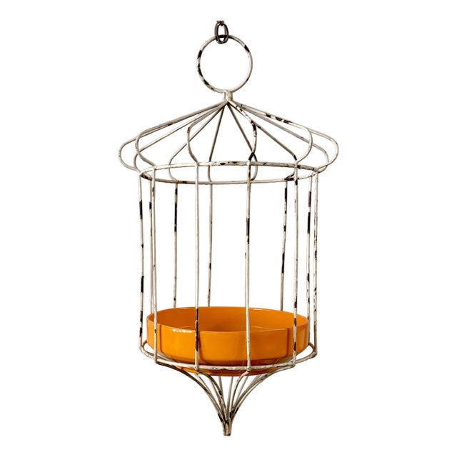 Mid-Century Modern White Wire Hanging Birdcage Plant Stand With Orange Ceramic Planter For Sale