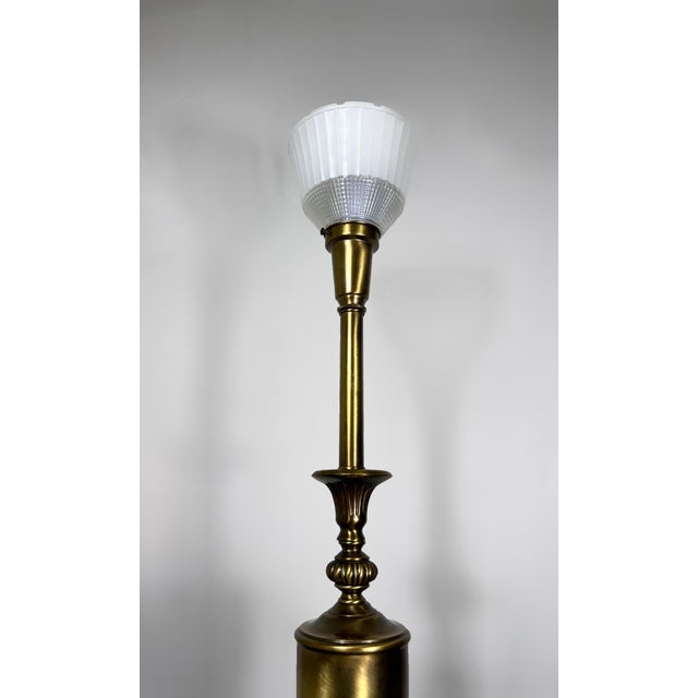 Complete Stiffel Brass Torchiere With Original Waffle Weave Diffuser, Original Drum Shade and Finial For Sale - Image 9 of 13