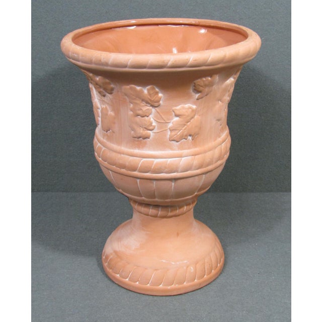 Neoclassical 1970s Vintage Neoclassical Ceramic Pedestal Urn Planter With Grape Leaves For Sale - Image 3 of 14
