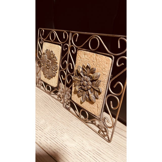 2 Decorative, Ornate Iron Framed Ceramic Tile Plaques With Applied Iron Cast Geometric/Floral Designs For Sale - Image 4 of 4