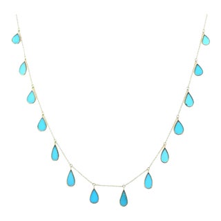 Teardrop Shape Turquoise Drop Station Chain Necklace in 18k Gold For Sale