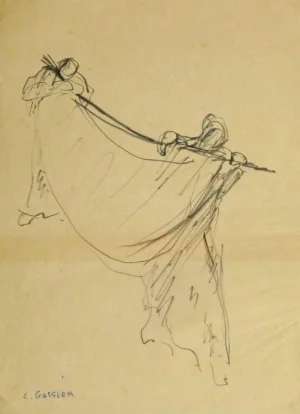 C. Gassier, French Ink Drawing - in Tow