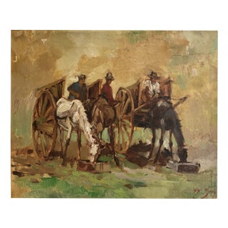 Gùo, Paysans et chevaux avec charrettes dans un champs, Oil on Cardboard, Framed For Sale