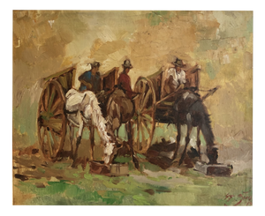 Gùo, Paysans et chevaux avec charrettes dans un champs, Oil on Cardboard, Framed