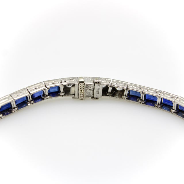 1920s Art Deco Diamond and Sapphire Platinum Line Bracelet For Sale - Image 5 of 10