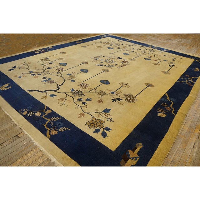 1920s Beige Medallion Oriental Antique Chinese Peking 11'10'' X 14'6'' Wool Rug For Sale In New York - Image 6 of 9