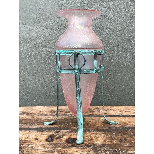 Vintage Patinated Metal Frame Glass Vase For Sale - Image 11 of 12