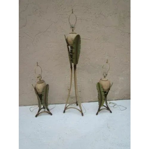 1980s Metal Palm Leaf With Stone Ball Design Floor and Table Lamps -Set of 3 For Sale - Image 10 of 12