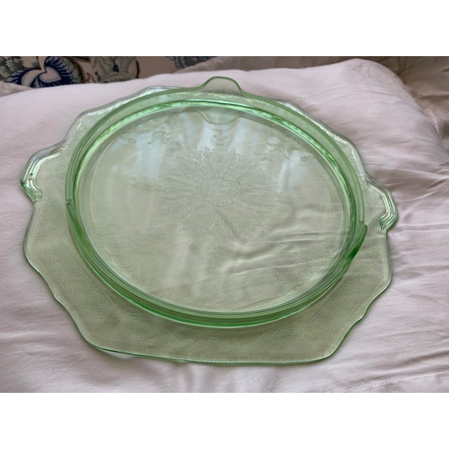 1930s Green Depression Uranium Glass Footed Cake Plate For Sale - Image 10 of 11