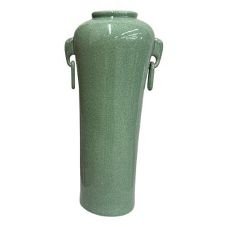 Tall Green Crackle Glazed Ceramic Vase with Elephant Handles For Sale