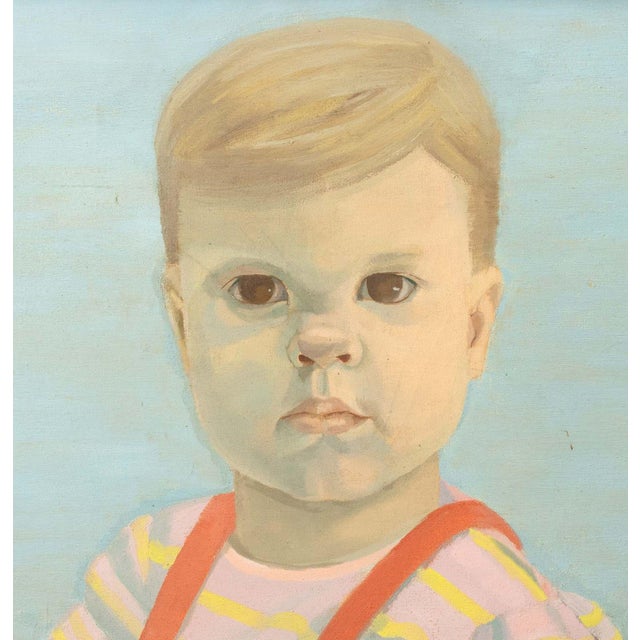 Contemporary Signed Portrait of a Child With Green Parrot, 1961 For Sale - Image 3 of 8