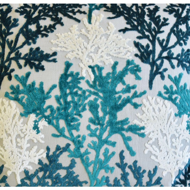 Custom-tailored pillow in cut-velvet fabric with a nautical coastal coral reef design. Same fabric on the reverse. Zipper...