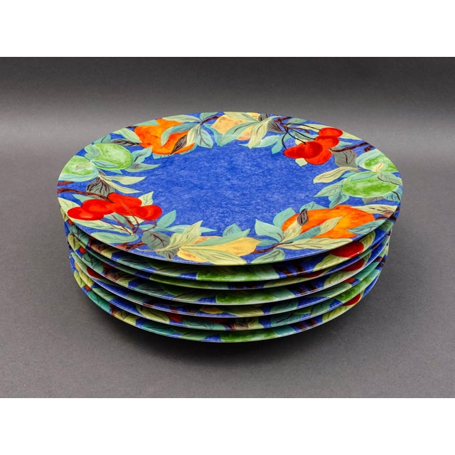 Laure Japy Paris Jardin Bleu Fruit Charger Service Plate Set Of 7. Measures approximately 11 5/8" diameter, 1" high.