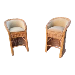 Vintage Crespi Style Wicker Barstools and Wooden Drink Table- 3 Pieces