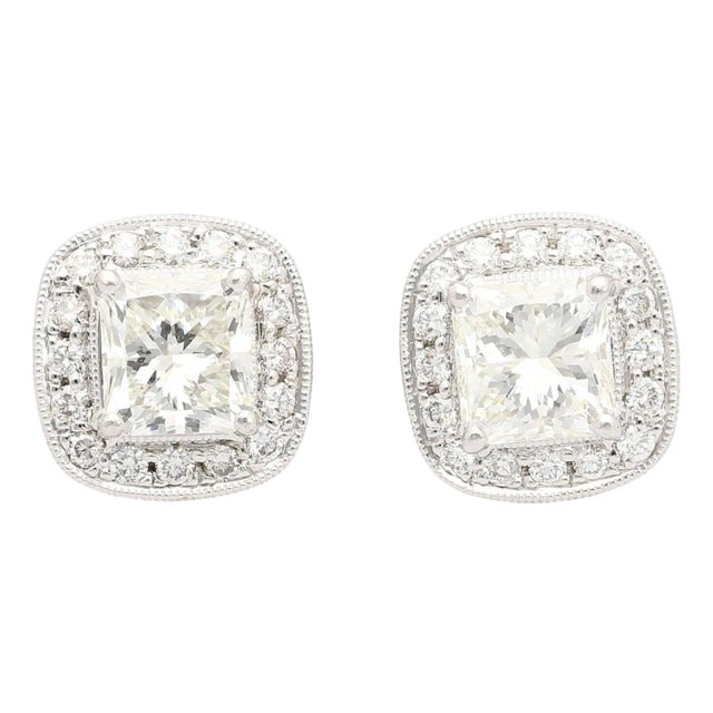 1990s Gia Certified 3 Carat Total Radiant Cut Diamond Stud Earrings in 18k White Gold, A Pair For Sale