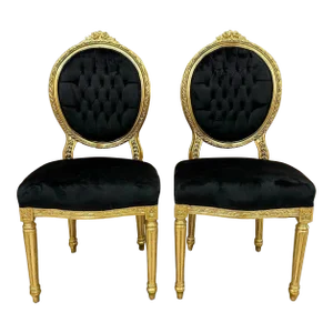 1990s French Style Black Velvet Dining Chairs, Set of 2
