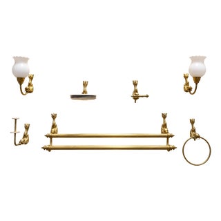 Napoleon III Bathroom Set in Gilt Brass with Dolphin Motif, 1890s, Set of 7 For Sale