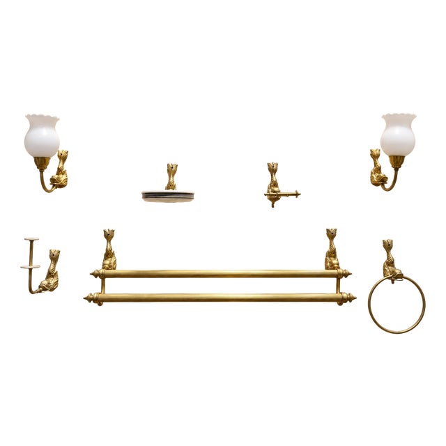 Napoleon III Bathroom Set in Gilt Brass with Dolphin Motif, 1890s, Set of 7 For Sale
