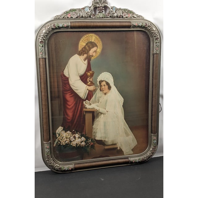 1938 First Communion Devotional Portrait in Ornate Silvered Polychrome Floral Frame For Sale - Image 10 of 13