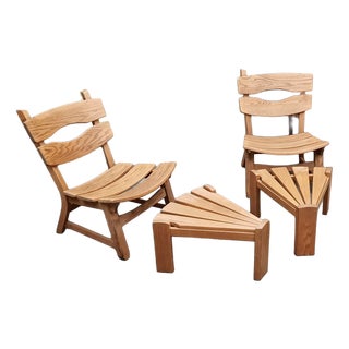 Brutalist Oak Armchairs and Footstools by Awa Holland for Awa Meubelfabriek, 1979, Set of 4 For Sale