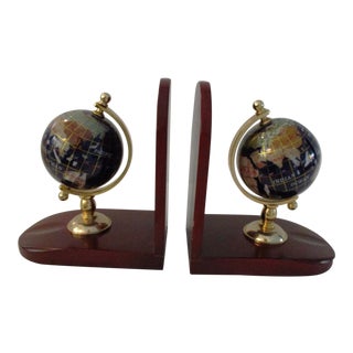 Vintage Semi-Precious Stone & Brass Spinning Globe Bookends, a Pair For Sale