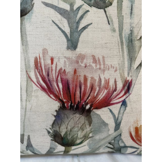 2020s 16" Square Decorative Pillow Embellished With a Selection of Red & Coral Colored Thistle Flower Blooms on a Crisp Cream Background - Made in the U K For Sale - Image 5 of 11