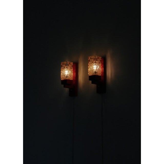 Red Lacquered Wood & Amber Glass Wall Lamps from Vitrika, Denmark, 1970s, Set of 2 For Sale - Image 10 of 17