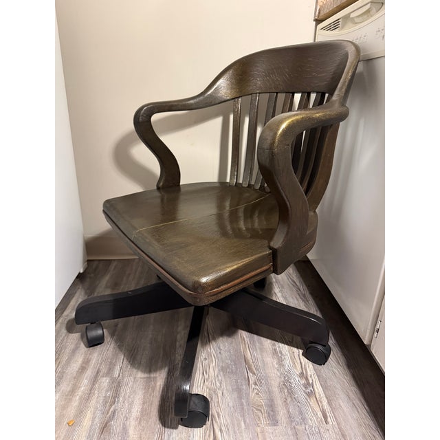 Ebony VIntage Custom Kintsugi Brass Inlay White Oak Banker’s Chair – Ebonized Executive Desk Chair For Sale - Image 8 of 9