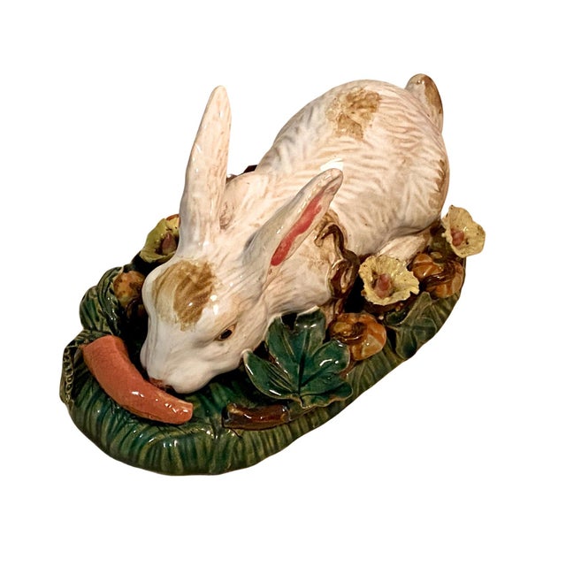 Majolica Antique Handmade Majolica Ceramic White Rabbit, Easter Bunny, Centerpiece, Home Decor For Sale - Image 4 of 9