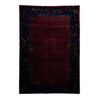 Antique Chinese Art Deco Rug in Deep Burgundy Plum With Floral & Bird Border For Sale
