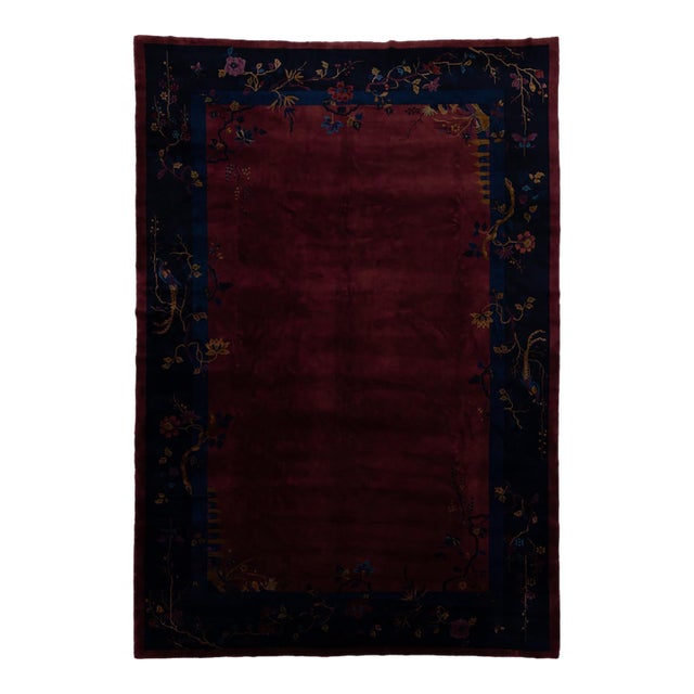 Antique Chinese Art Deco Rug in Deep Burgundy Plum With Floral & Bird Border For Sale