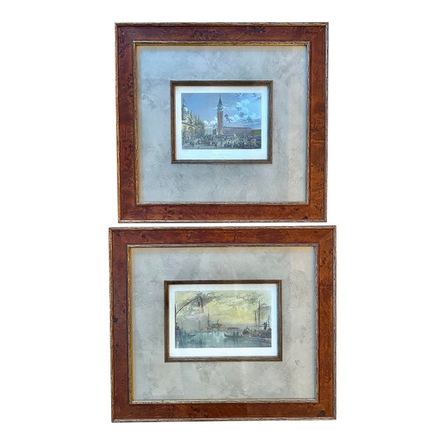 19th Century Hand Colored Engravings of Venice Newly Framed in Burlwood - A Pair For Sale