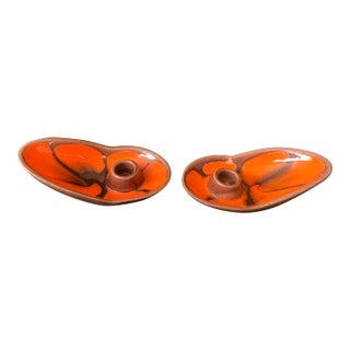 Mid Century Modern Pottery Candlestick Holders With Orange and Brown Glaze 1970s - Pair For Sale
