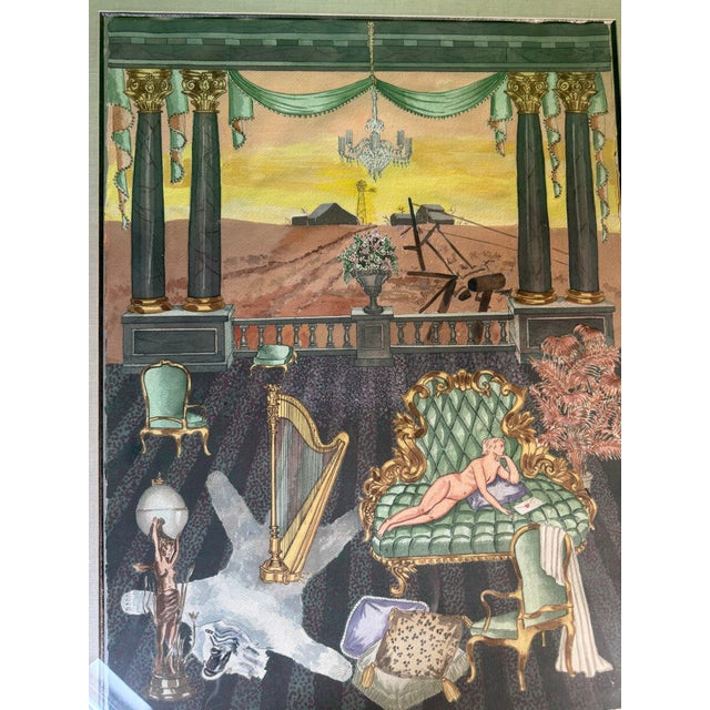 Late 20th Century Late 20th Century Surrealist Watercolor and Gouache, Colonnade Interior With Reclining Nude and Desert View For Sale - Image 5 of 7
