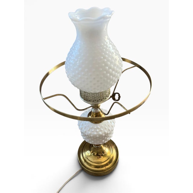 Mid 20th Century Vintage Hobnail Milk Glass & Brass Hurricane Table Lamp With Turned Wood Accent For Sale - Image 5 of 10