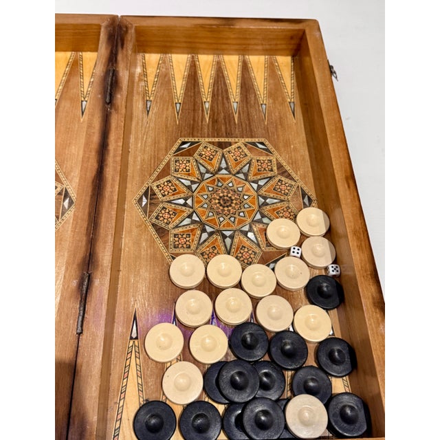 Camel Vintage Handcrafted Damascus Marquetry Inlaid Wood Folding Backgammon Board Box For Sale - Image 8 of 10