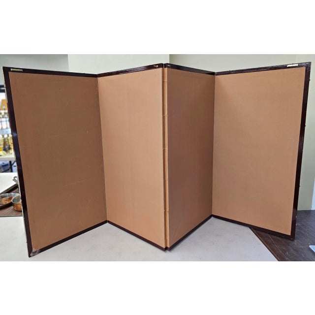 Asian Hand-Painted Four Panel Upholstered and Framed Table Screen / Divider For Sale - Image 11 of 11