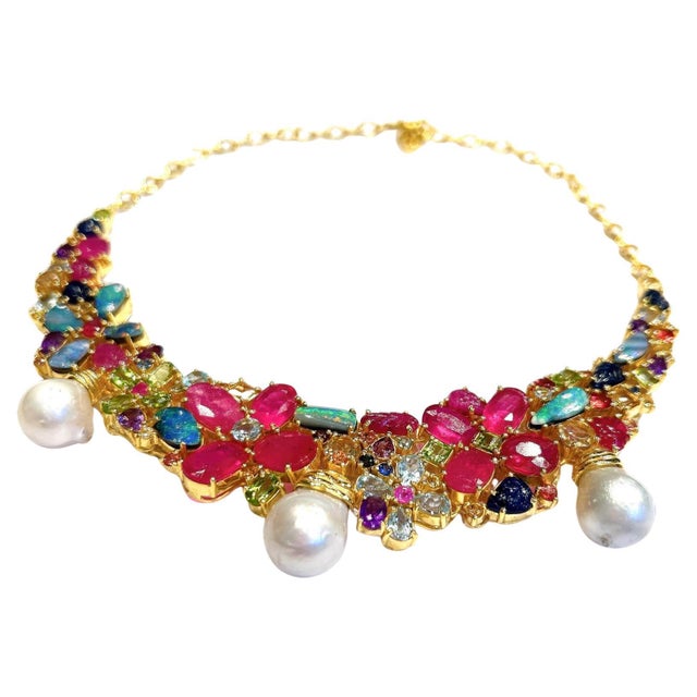 Bochic "Capri" Vintage Ruby, Amethyst, Sapphire & Pearl Necklace 18K Gold & Silver For Sale - Image 15 of 18