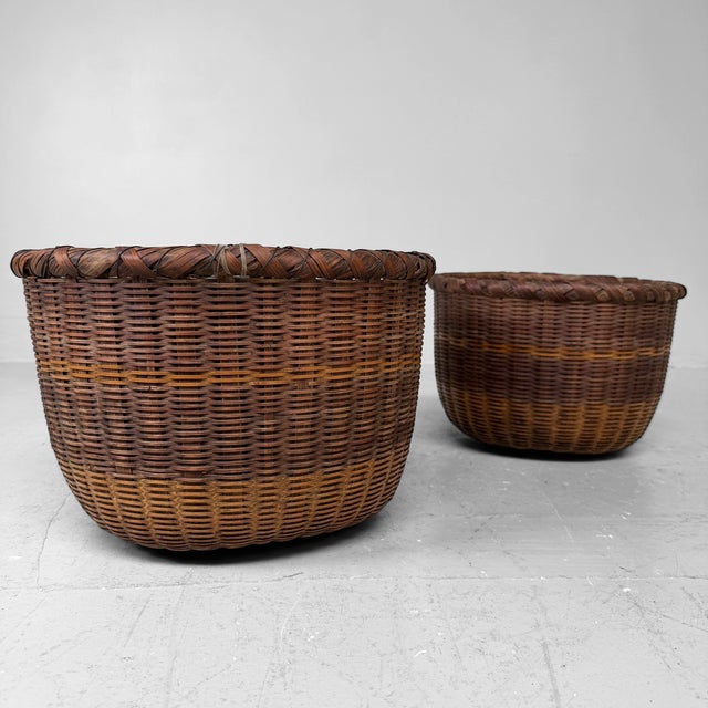 Mid-Century Modern Vintage Japanese Bamboo Baskets, 1960s, Set of 2 For Sale - Image 3 of 16
