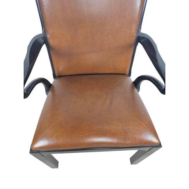 Brown Vintage Baker Furniture Brown Leather & Ebonized Wood Armchair For Sale - Image 8 of 17