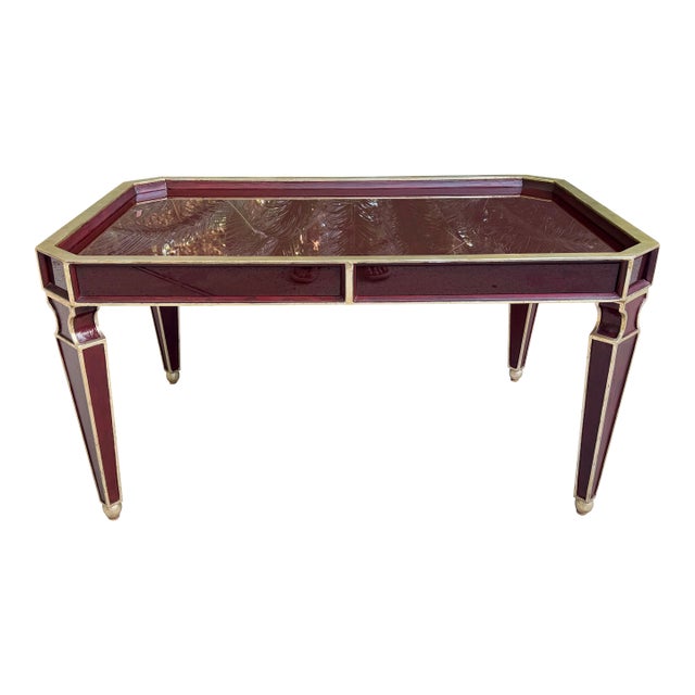 Vintage Art Deco Style Deep Burgandy Lacquered Coffee Table With Gold Accents For Sale