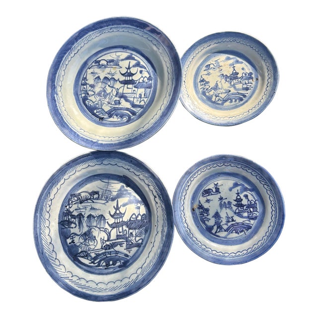 Set of 4 Antique 19th Century Canton Ware Chinese Export Blue & White Porcelain Plates For Sale