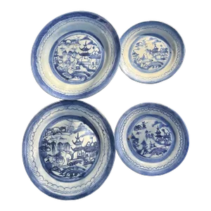 Set of 4 Antique 19th Century Canton Ware Chinese Export Blue & White Porcelain Plates