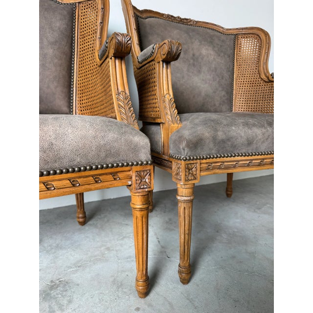 Vintage Century Furniture Louis XVI–Style Double Cane and Leather Club Chairs – A Pair For Sale In Miami - Image 6 of 12