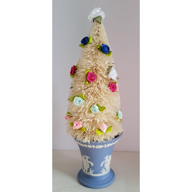 English Vintage 13.5" Wedgewood Blue Trumpet Posey Pot "Four Seasons" Cherubs, Bottle Brush Tree & Satin Roses For Sale - Image 3 of 5