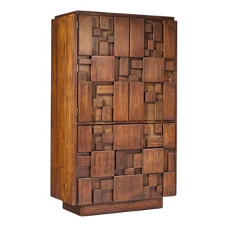 Lane Staccato Brutalist Mid Century Walnut Armoire Highboy Dresser For Sale