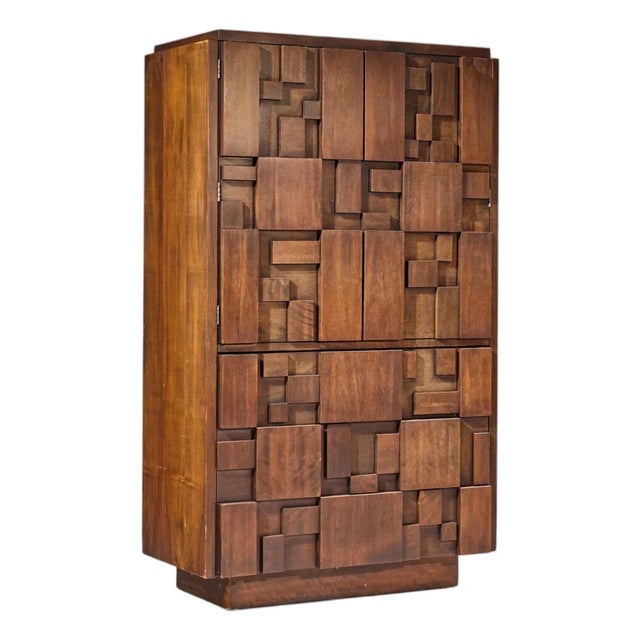 Lane Staccato Brutalist Mid Century Walnut Armoire Highboy Dresser For Sale